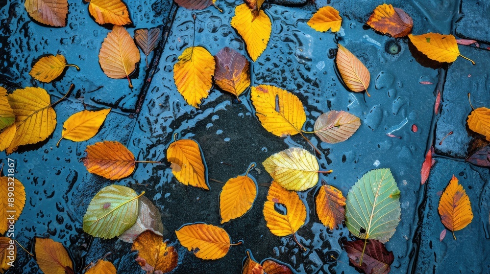 Golden autumn leaves on a wet sidewalk Golden autumn leaves on a wet sidewalk