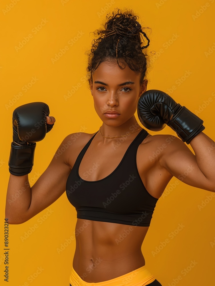 Fit woman engaged in a dynamic dumbbell boxing session against a yellow backdrop, showcasing her dedication to health and fitness Fit woman engaged in a dynamic dumbbell boxing session against a yellow backdrop, showcasing her dedication to health and fitness
