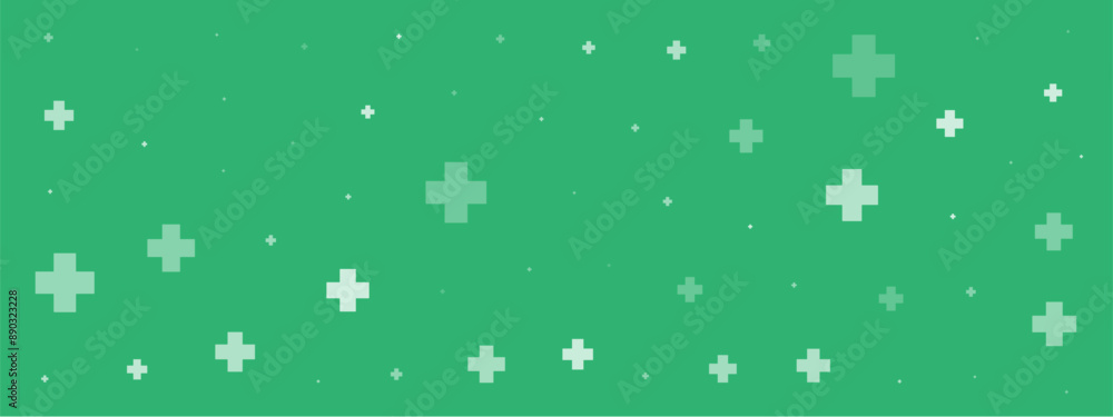 White plus symbols of different sizes and opacity on green background. Abstract pattern of medical cross or mathematical plus pictogram. Vector illustration on cyan background with stars White plus symbols of different sizes and opacity on green background. Abstract pattern of medical cross or mathematical plus pictogram. Vector illustration on cyan background with stars