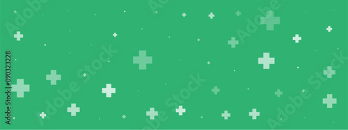 White plus symbols of different sizes and opacity on green background. Abstract pattern of medical cross or mathematical plus pictogram. Vector illustration on cyan background with stars