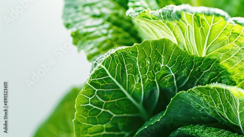 Green Chinese cabbage close up on white backdrop photo