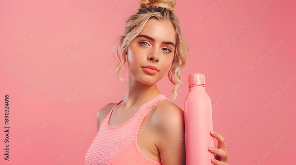 Young sport blonde woman over isolated pink background with sports water bottle. Young sport blonde woman over isolated pink background with sports water bottle.