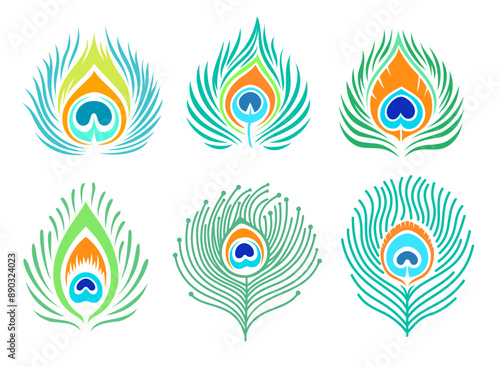 Set of peacock feathers. Bright colored silhouette. Simplified minimalistic feather vector design. Decorative sign.