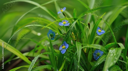 Grass with purplish light blue flower crown yellow pistil abundant bright green serrated leaves photo