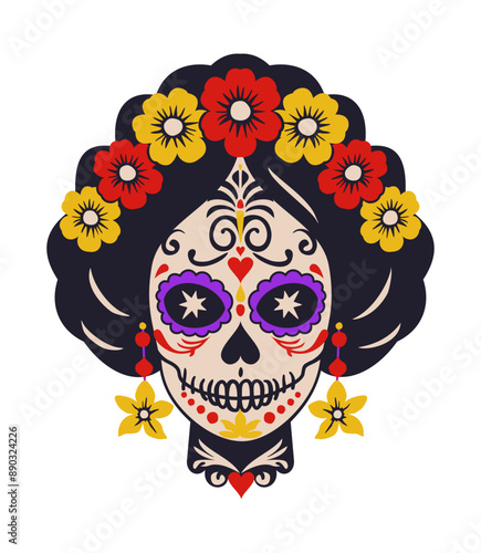 Catrina head. Woman sugar skull. Mexican Day of the Dead. Vector isolated illustration