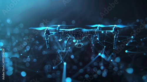 Futuristic Drone Flies Through Glowing Blue Digital Cyberspace Grid photo