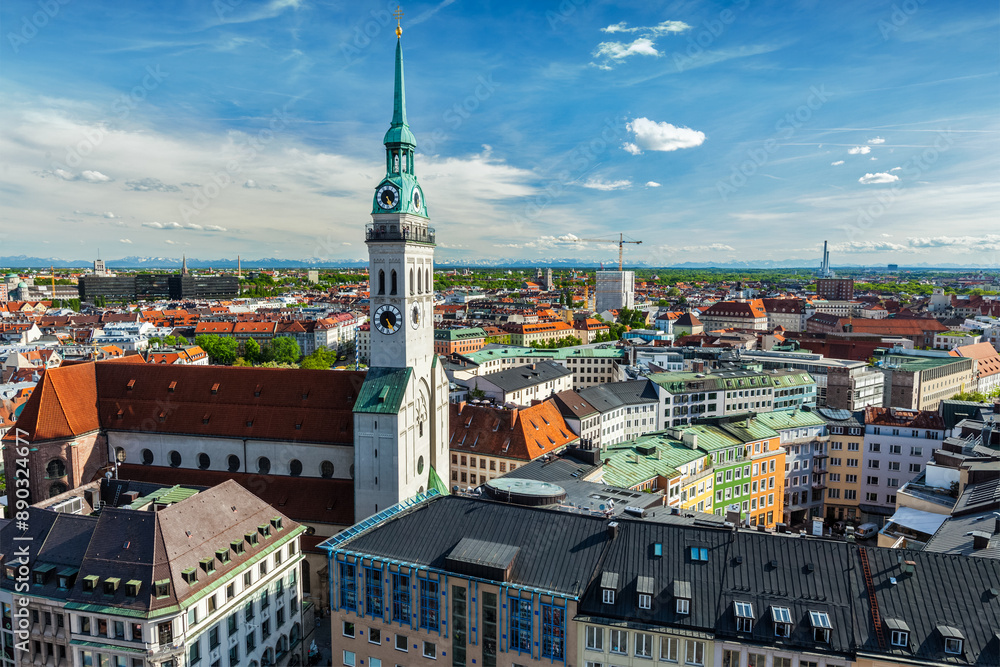 Fototapeta premium Aerial view of Munich and St. Peter Church - Marienplatz and Altes Rathaus, Bavaria, Germany