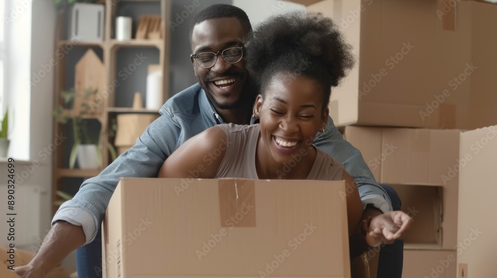 A man and woman are in a cardboard box, smiling and laughing A man and woman are in a cardboard box, smiling and laughing