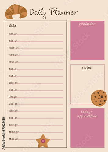 Daily planner template with baking illustration. Contains a section for schedules, notes and reminders.