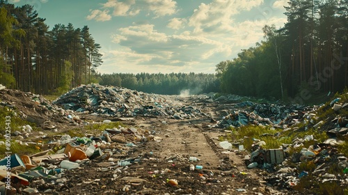 An overflowing landfill site with a stark contrast between the piles of garbage and a nearby pristine forest