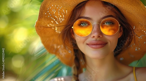 Woman in swimsuit and fashionable hat smiling enjoys summertime for skincare, spa and wellness. Playful glamor sexy lady, slim body for rest, tan trip or pool hotel concept on vivid yellow background
 photo