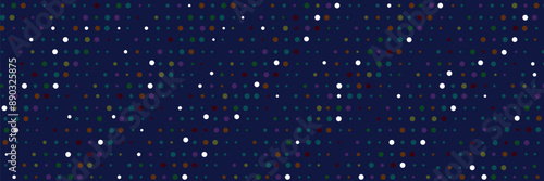 Colorful polka dots on blue background, seamless pattern, minimalist style, flat layout