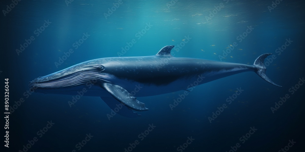 Naklejka premium Gigantic Blue Whale Gliding Gracefully Underwater with Small Fish Nearby