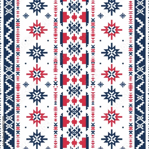 Geometric snowflakes and stars in red blue and white form a seamless pattern photo