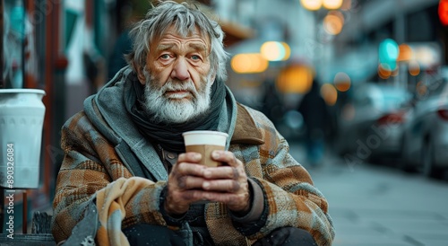 Wallpaper Mural Older Man With Gray Hair and Beard Holds a Cup of Coffee in the City Torontodigital.ca
