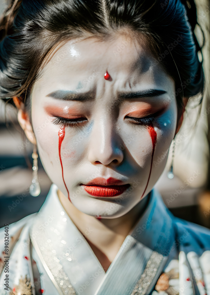 asian woman with a tearful expression, wearing a traditional Japanese kimono asian woman with a tearful expression, wearing a traditional Japanese kimono