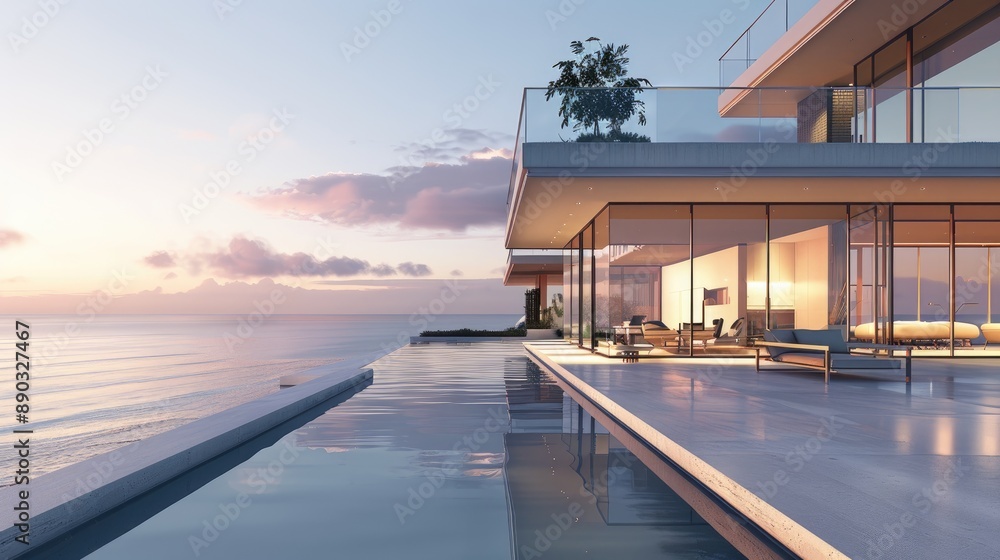 Fototapeta premium A sleek, modern beach house with a minimalist design, large windows overlooking the ocean, and a rooftop terrace.