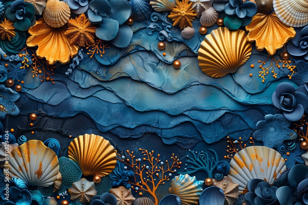 A seascape, intricately carved with a variety of seashells, corals, and other marine life forms. Generative AI A seascape, intricately carved with a variety of seashells, corals, and other marine life forms. Generative AI