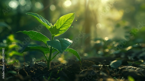 A young sapling basking in the early morning sunlight in a forest, representing new beginnings and natural growth.