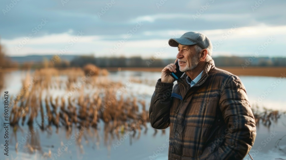 A man is talking on his cell phone while standing in a field A man is talking on his cell phone while standing in a field