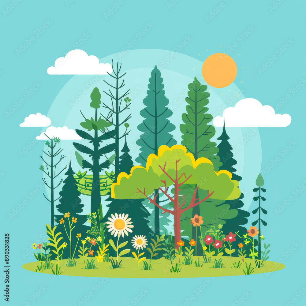 Bright and whimsical cartoon illustration of a forest with various trees, flowers, and a shining sun. Bright and whimsical cartoon illustration of a forest with various trees, flowers, and a shining sun.
