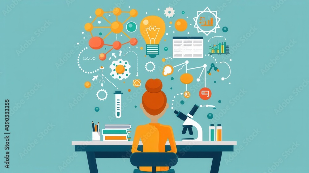 Insightful research, person with microscope and glowing ideas, flat design illustration Insightful research, person with microscope and glowing ideas, flat design illustration