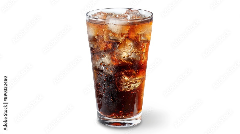 Glass with coke and ice on white background