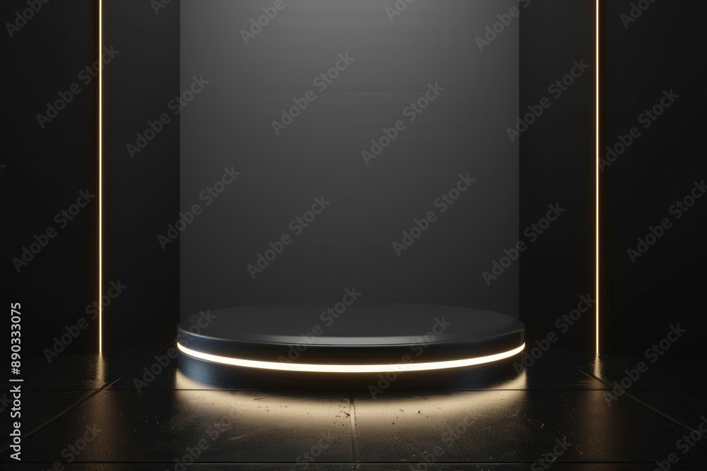 3D Render of Abstract White Background With Black Glowing Platform and Vertical Light Stripes 3D Render of Abstract White Background With Black Glowing Platform and Vertical Light Stripes