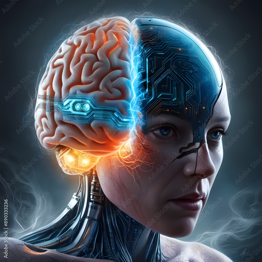 Obraz premium A futuristic, half human half robotic brain.