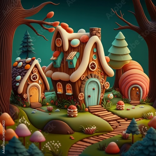 Psychedelic gingerbread house.Fairy tale background 