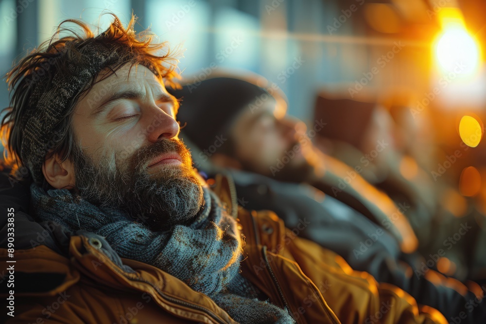 Passengers sleeping or resting on airport seating while waiting for delayed flights, capturing the discomfort and inconvenience, bright light. Passengers sleeping or resting on airport seating while waiting for delayed flights, capturing the discomfort and inconvenience, bright light.