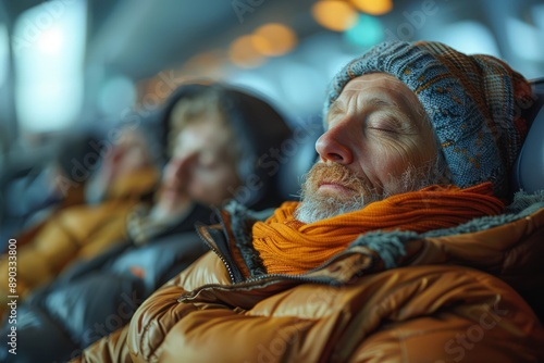 Passengers sleeping or resting on airport seating while waiting for delayed flights, capturing the discomfort and inconvenience, bright light.