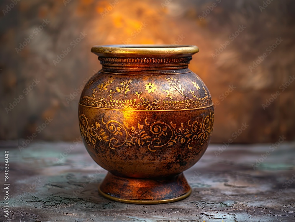 A golden pot with intricate carvings or inscriptions that glisten under the light A golden pot with intricate carvings or inscriptions that glisten under the light