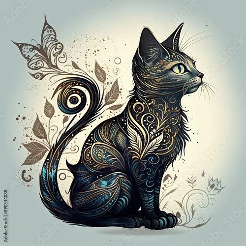 Zentangle stylized cute floral cat colored print.