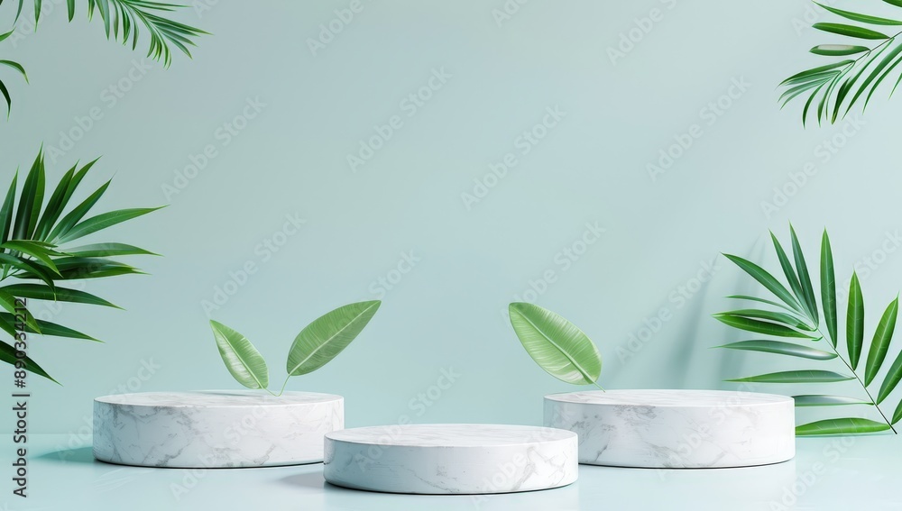 White Marble Podiums with Tropical Leaves on Light Blue Background for Product Display White Marble Podiums with Tropical Leaves on Light Blue Background for Product Display