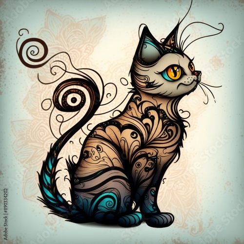 Zentangle stylized cute floral cat colored print.