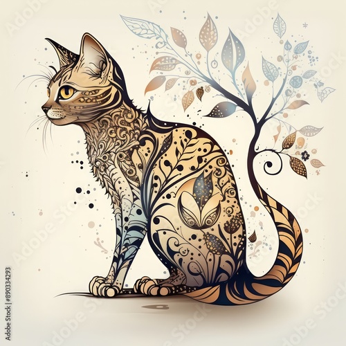 Zentangle stylized cute floral cat colored print.