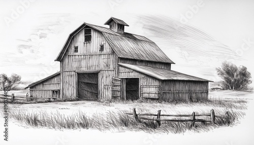 Pencil drawing of an old barn in a rural landscape.