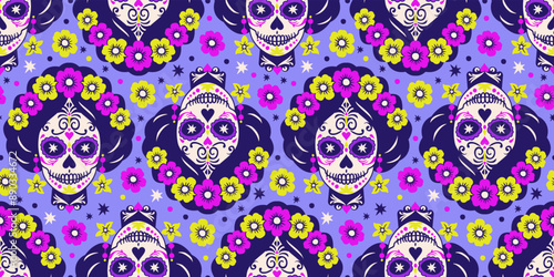 Bright vector seamless pattern with sugar skulls. Catrina head. Mexican Day of the Dead
