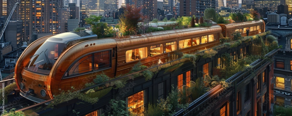 Raph Rooftop Train Vintage train redesigned with rooftop garden, on a building roof, tall ...
