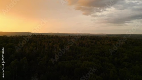 Wallpaper Mural Aerial drone footage capturing a golden sunset over a vast, lush forest landscape. Torontodigital.ca