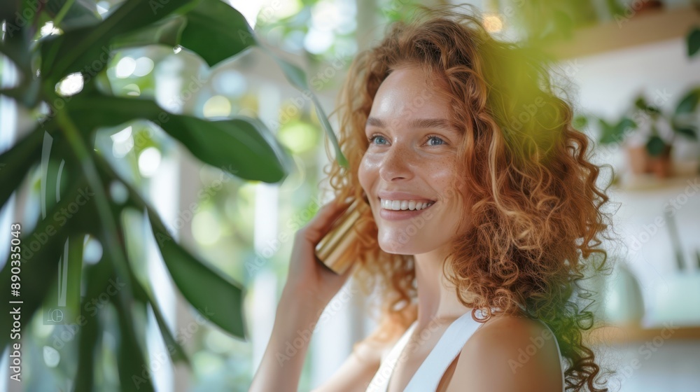 The smiling woman with phone The smiling woman with phone