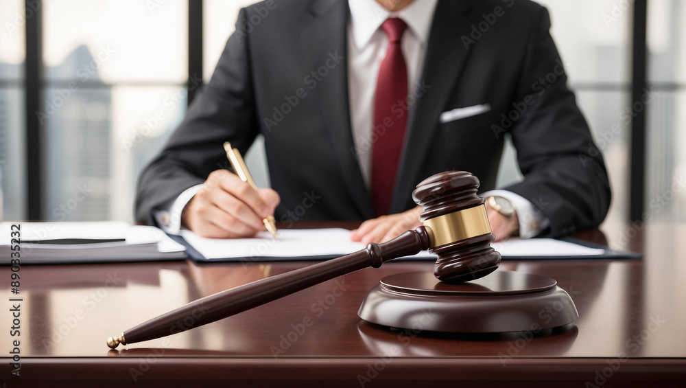 Lawyer in suit signs legal documents while gavel rests on table in foreground Lawyer in suit signs legal documents while gavel rests on table in foreground