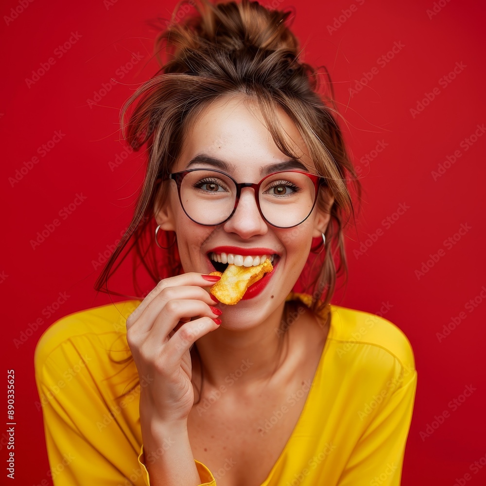 Smiling Woman With Red Lipstick Eating a Chip in a Yellow Shirt Against a Red Background Smiling Woman With Red Lipstick Eating a Chip in a Yellow Shirt Against a Red Background