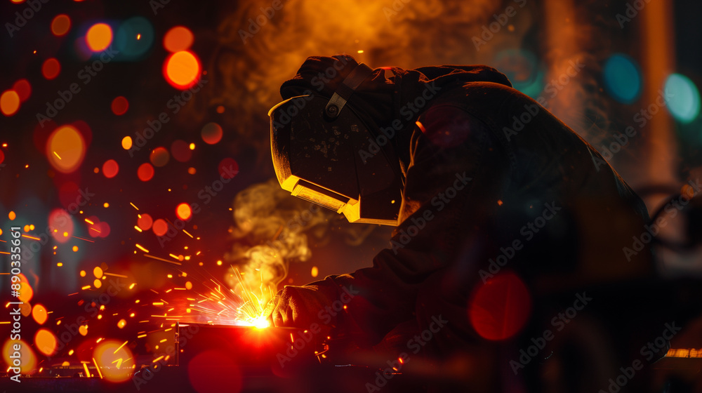 Welder man at work with sparks flying. Industrial scene.
Welder man at work with sparks flying. Industrial scene.