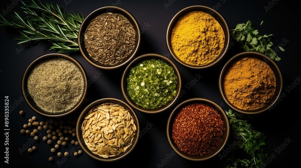 Spices in Bowls on Dark Background Spices in Bowls on Dark Background