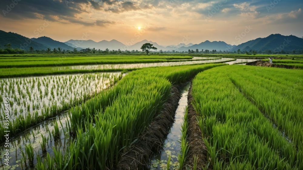 Naklejka premium Pictures of vast green fields, rolling hills and small villages. located on a hill Behind are undulating mountains. The sky was a pinkish orange from the evening sun. This image showcases the beauty o