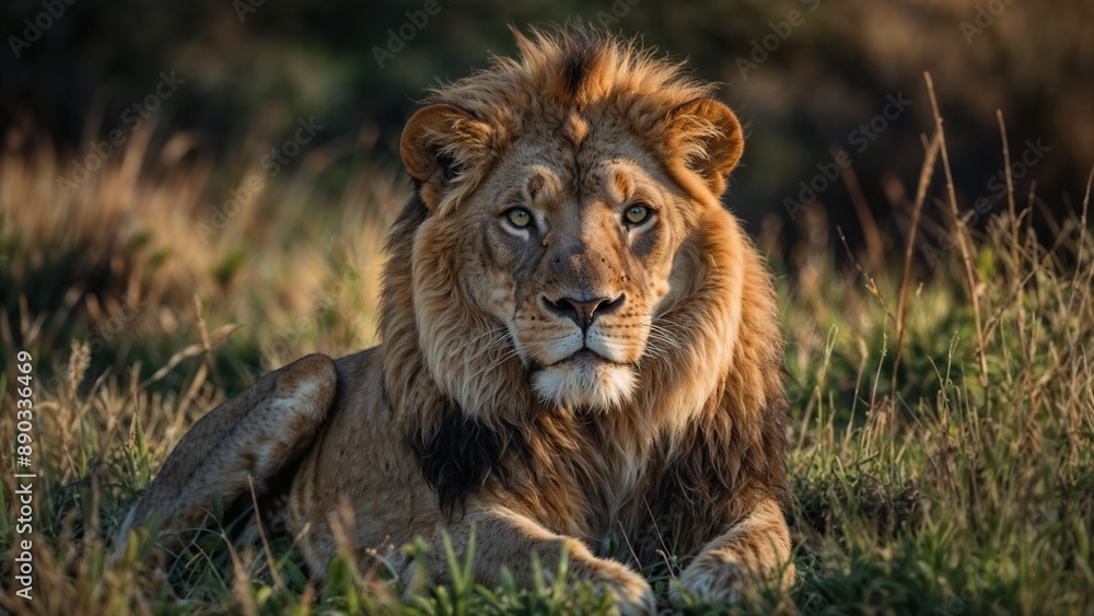 Fototapeta premium What is seen is a male lion. Lions are large animals in the Felidae family. They are native to autumn and Asia. The famous male lion has a dark brown mane that is famous and believed to be a predatory