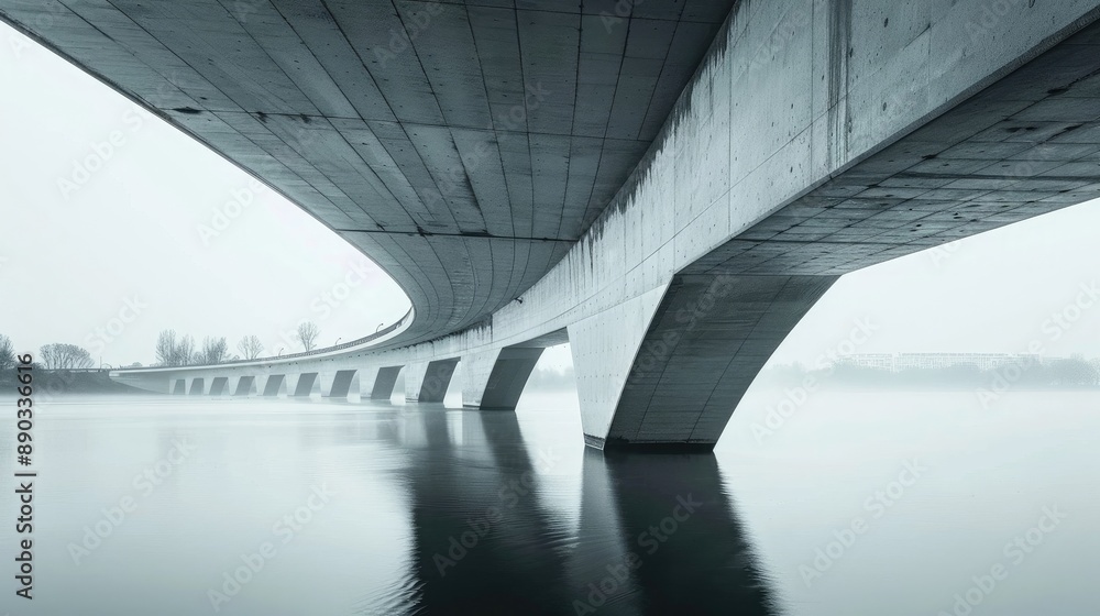 A modern concrete bridge with multiple arches spans over a calm river ...