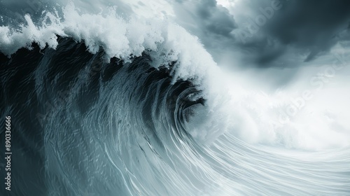 Overlapping snowstorm and tempest, colossal wave surging, harsh winds, dark clouds swirling, high-resolution, raw natural forces in action photo